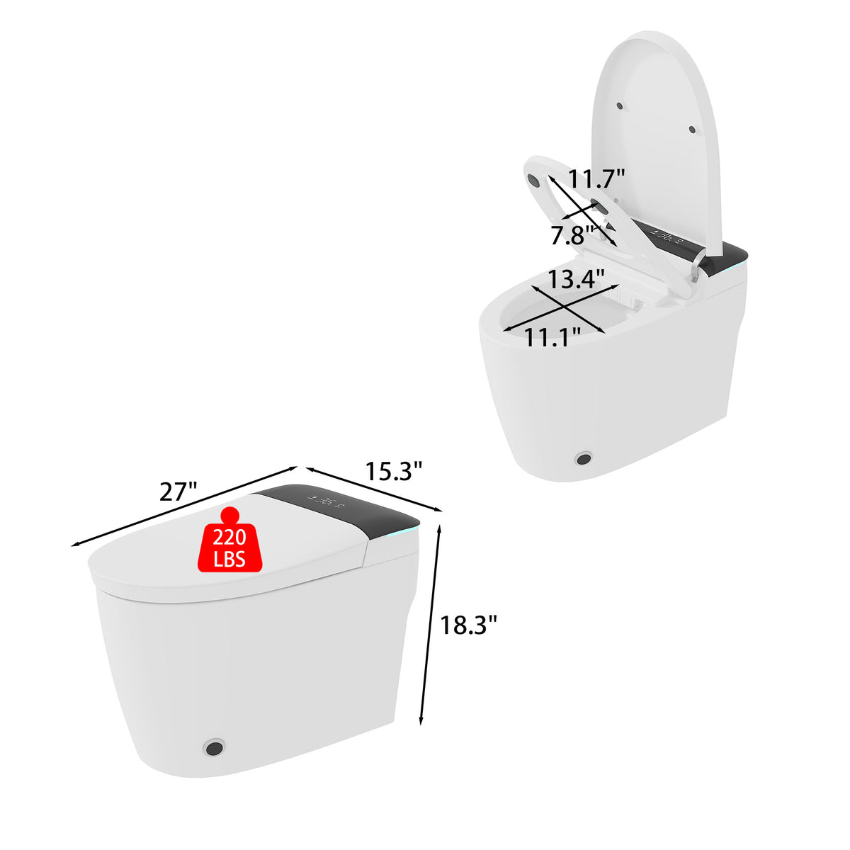 27‘’ Modern White Smart Toilet with Air Freshener, Auto Open/Close Lid, Foot Sensor and Ambient Light