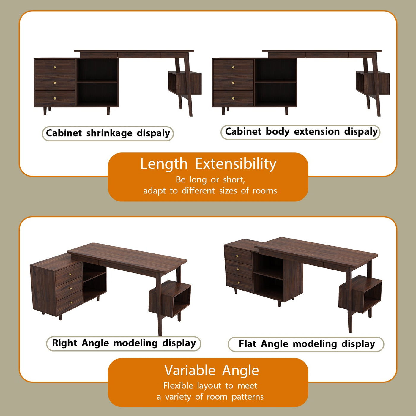 55.1" Mid-Century Modern Brown L-Shaped Home Office Computer Desk with 3 Drawers and Wood Legs
