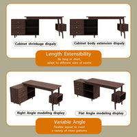 55.1" Mid-Century Modern Brown L-Shaped Home Office Computer Desk with 3 Drawers and Wood Legs