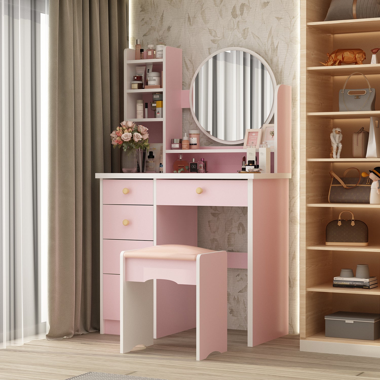 Makeup Vanity Set with Cushioned Stool, 5 Drawers & Display Shelves