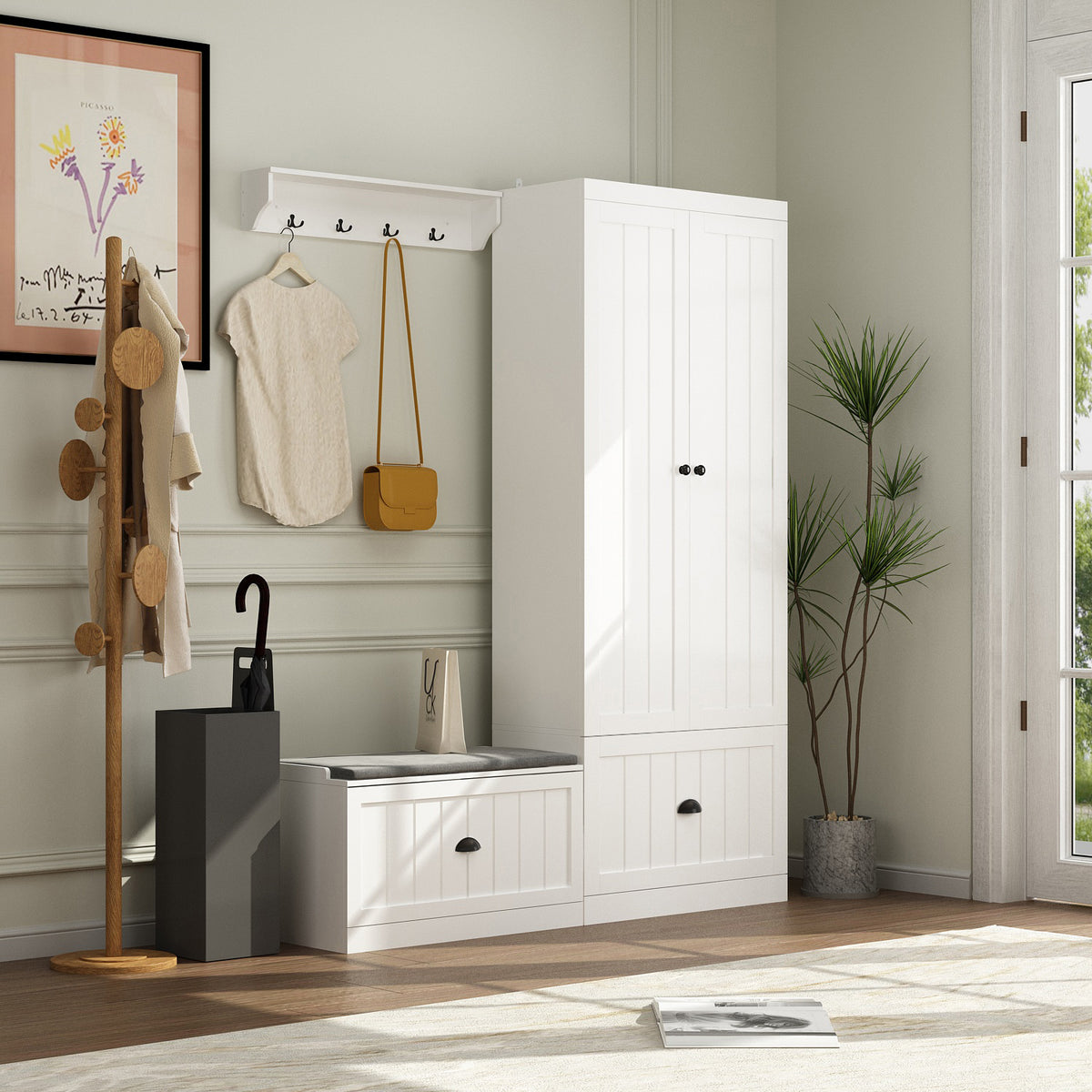Stilla 59.1" Modern White Hall Tree with Storage Bench & Flip-Down Shoe Cabinet