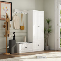 Stilla 59.1" Modern White Hall Tree with Storage Bench & Flip-Down Shoe Cabinet