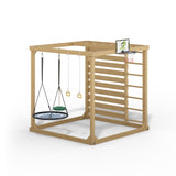 Wooden play structure with swings and a basketball hoop on a white background