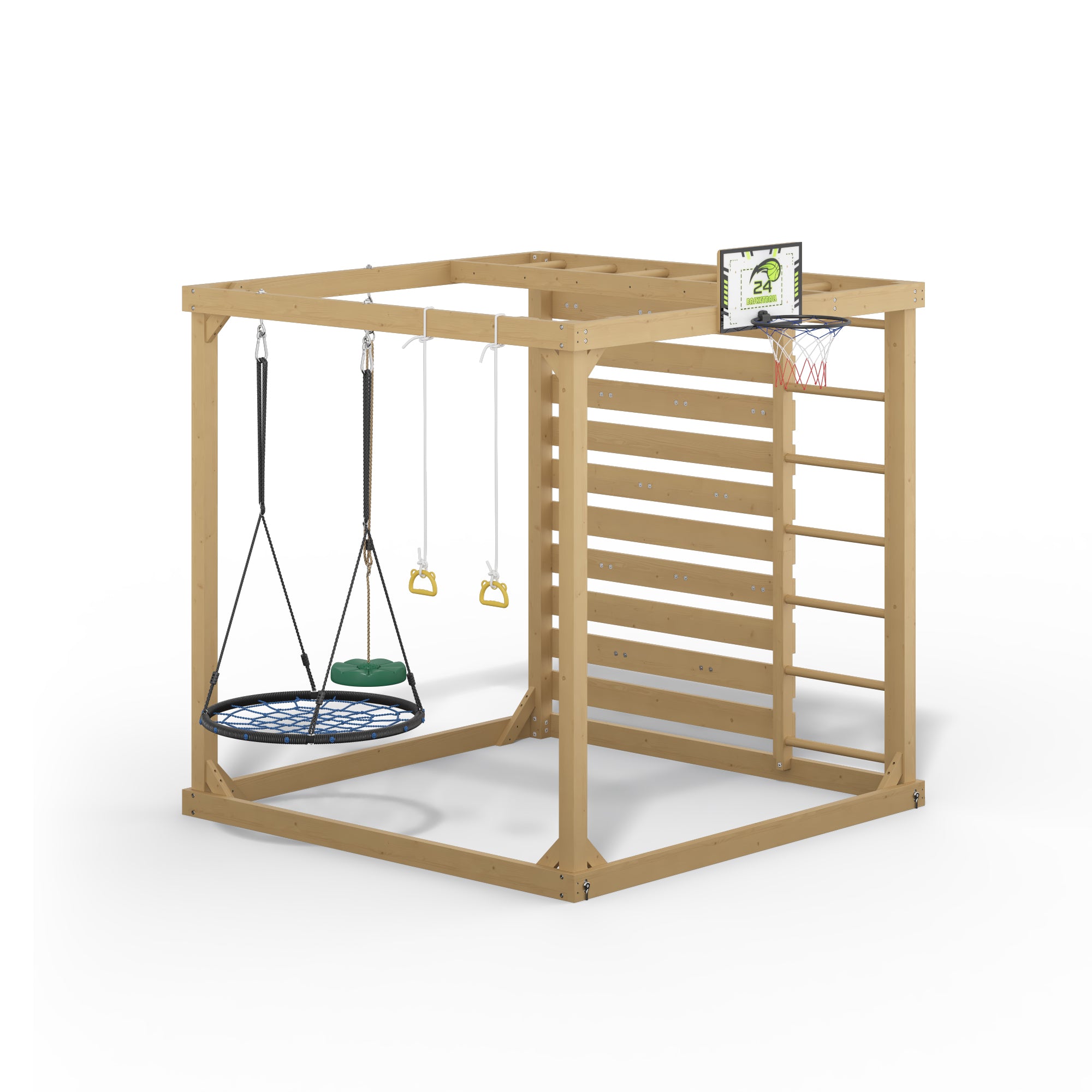 Wooden play structure with swings and a basketball hoop on a white background