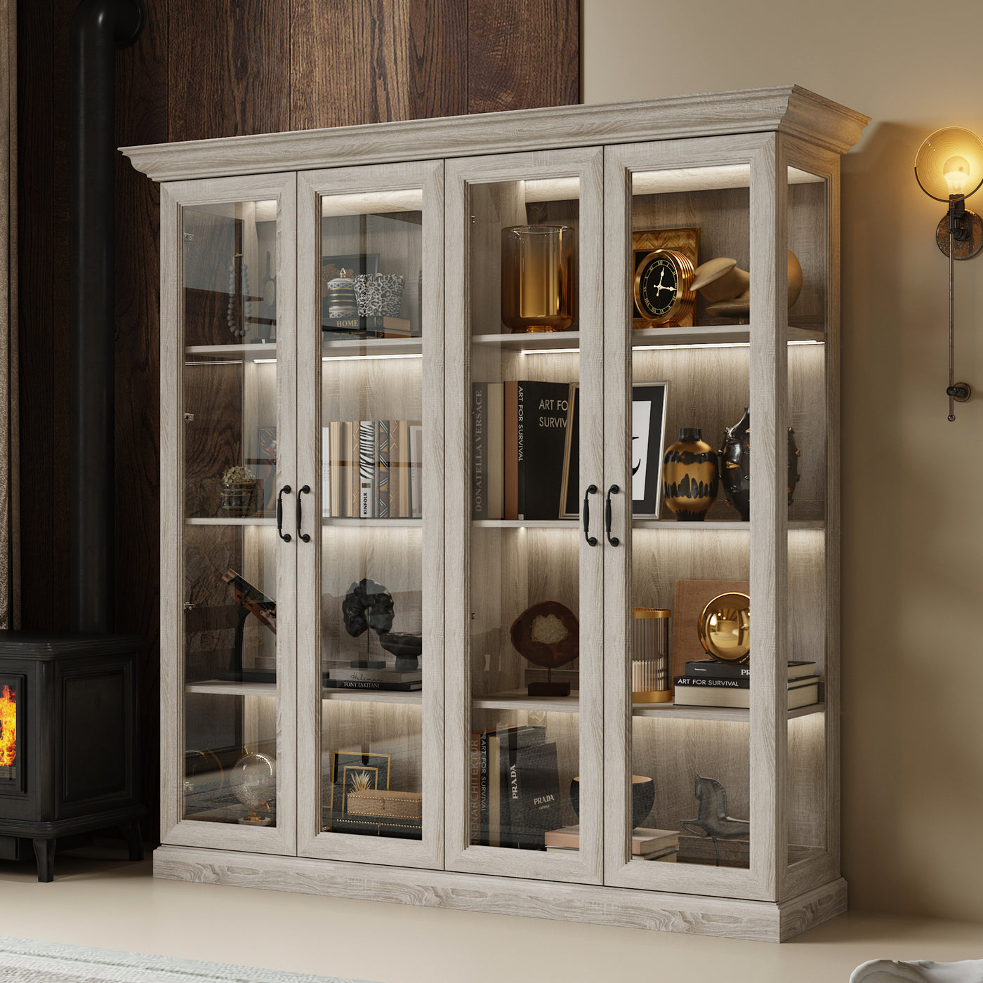 68.5" Modern Display Bookcase with 4 Glass Doors and Lights