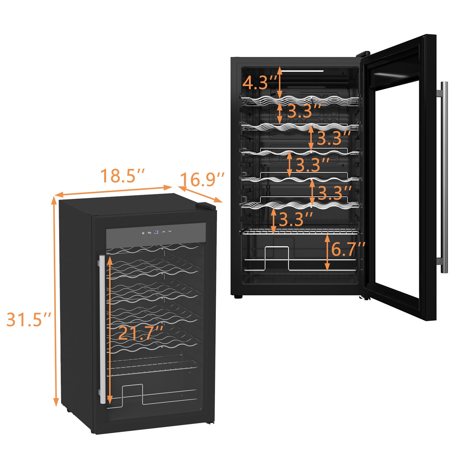 Black wine cooler with open door showing interior shelves and dimensions on a white background