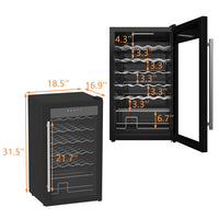 Black wine cooler with open door showing interior shelves and dimensions on a white background