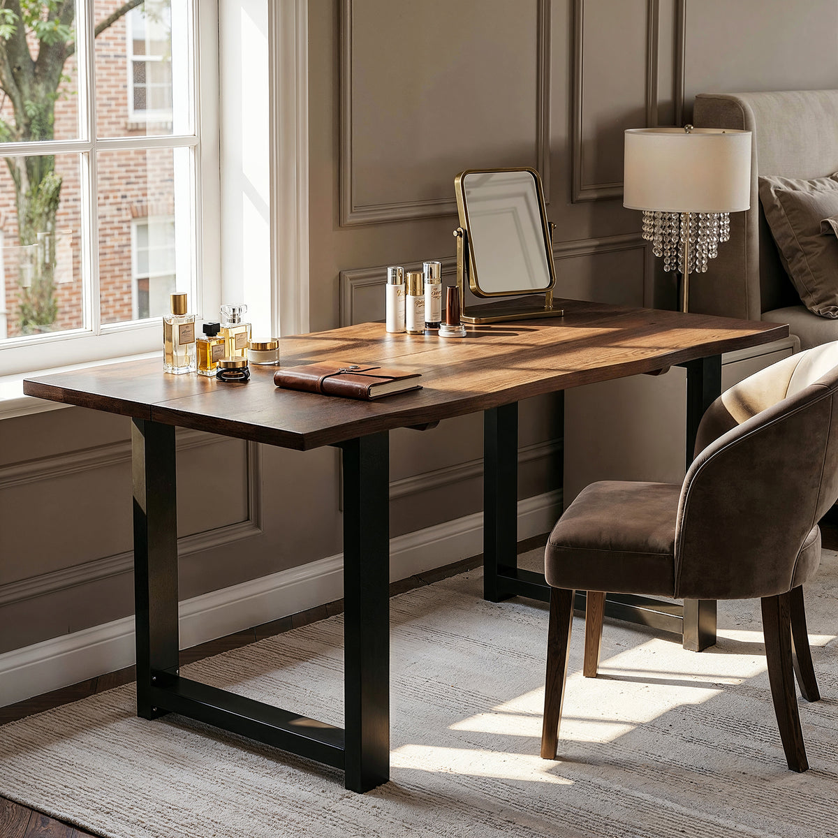 63" Walnut Writing Desk with Veneer Top, Wavy Edge and U-Shaped Metal Legs