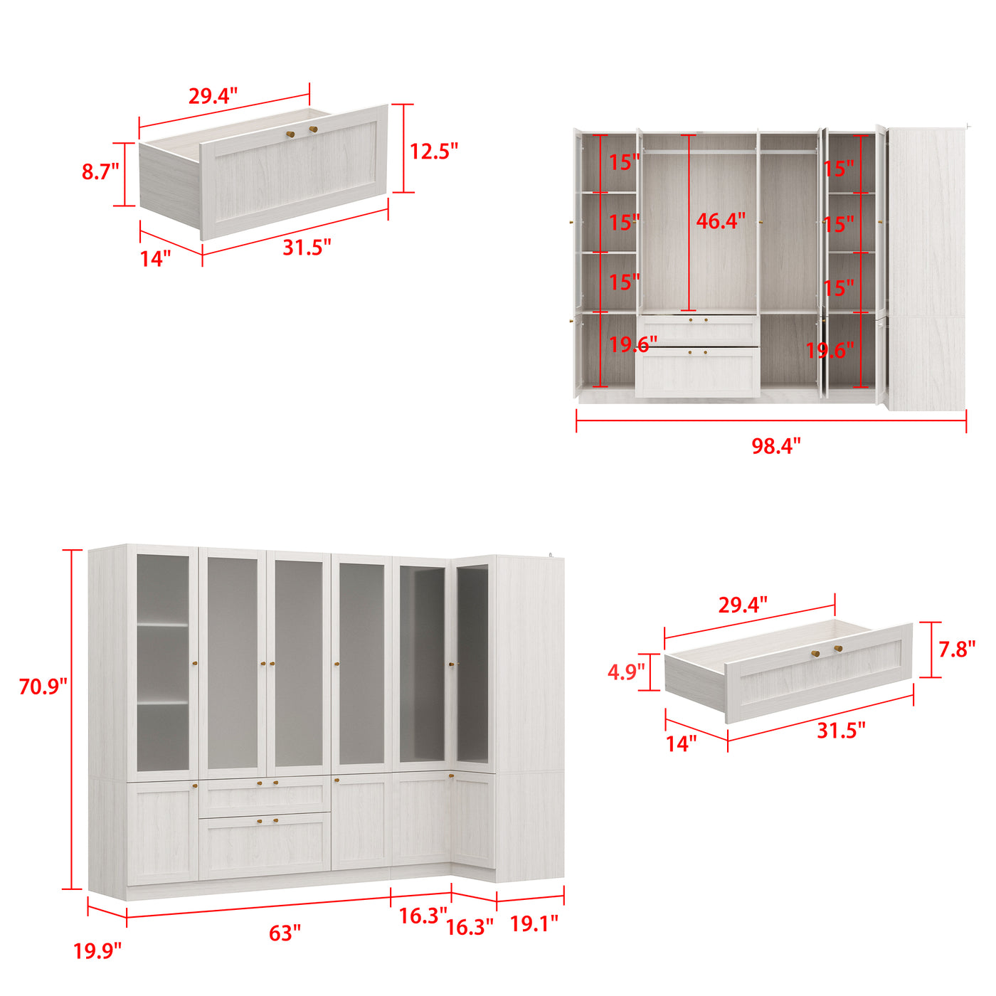 Skira 98.4" Modern White Corner Storage Cabinet with Frosted Glass Doors & Drawer