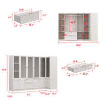 Skira 98.4" Modern White Corner Storage Cabinet with Frosted Glass Doors & Drawer