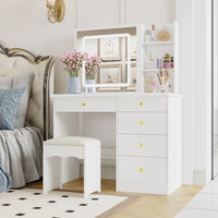 39.4" Modern White Vanity Desk Makeup Table Large Sliding Lighted Mirror Dressing Table With 5 Drawers Hidden Shelves