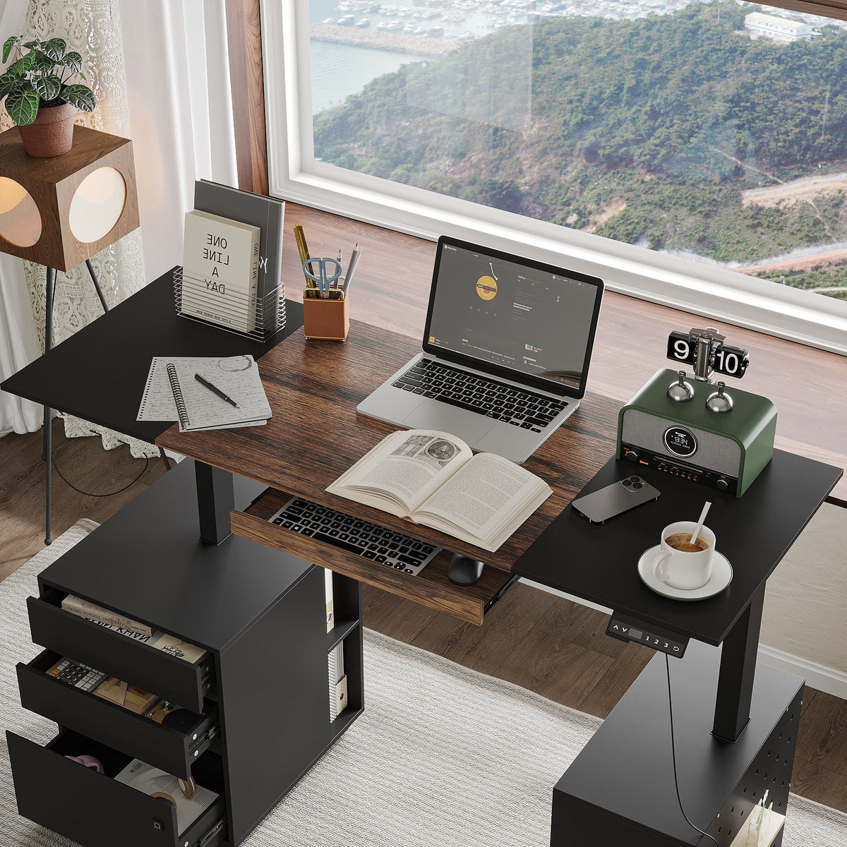 63" Modern Standing Desk with Pegboard Organizer and Keyboard Tray