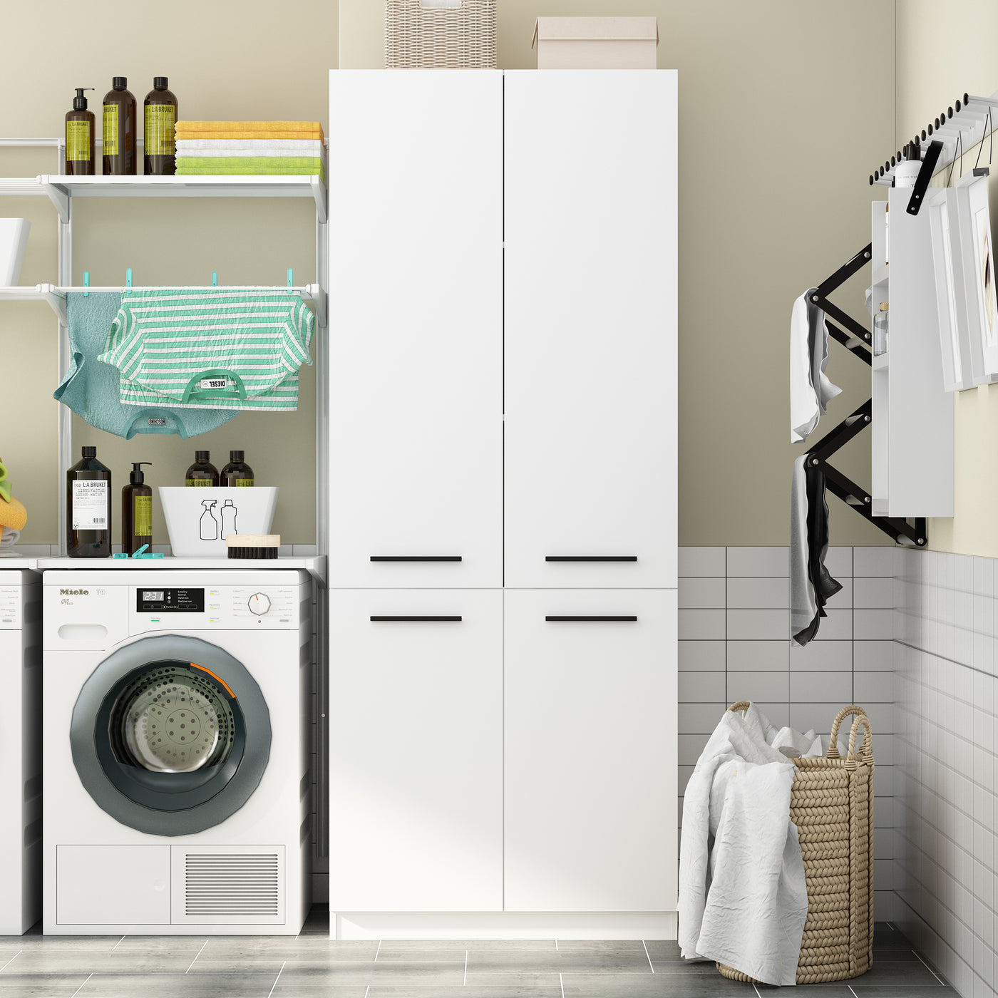 Laundry room with white cabinets, washing machine, dryer, and laundry basket.