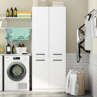 Laundry room with white cabinets, washing machine, dryer, and laundry basket.