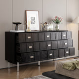 Modern black dresser with silver handles and metal legs