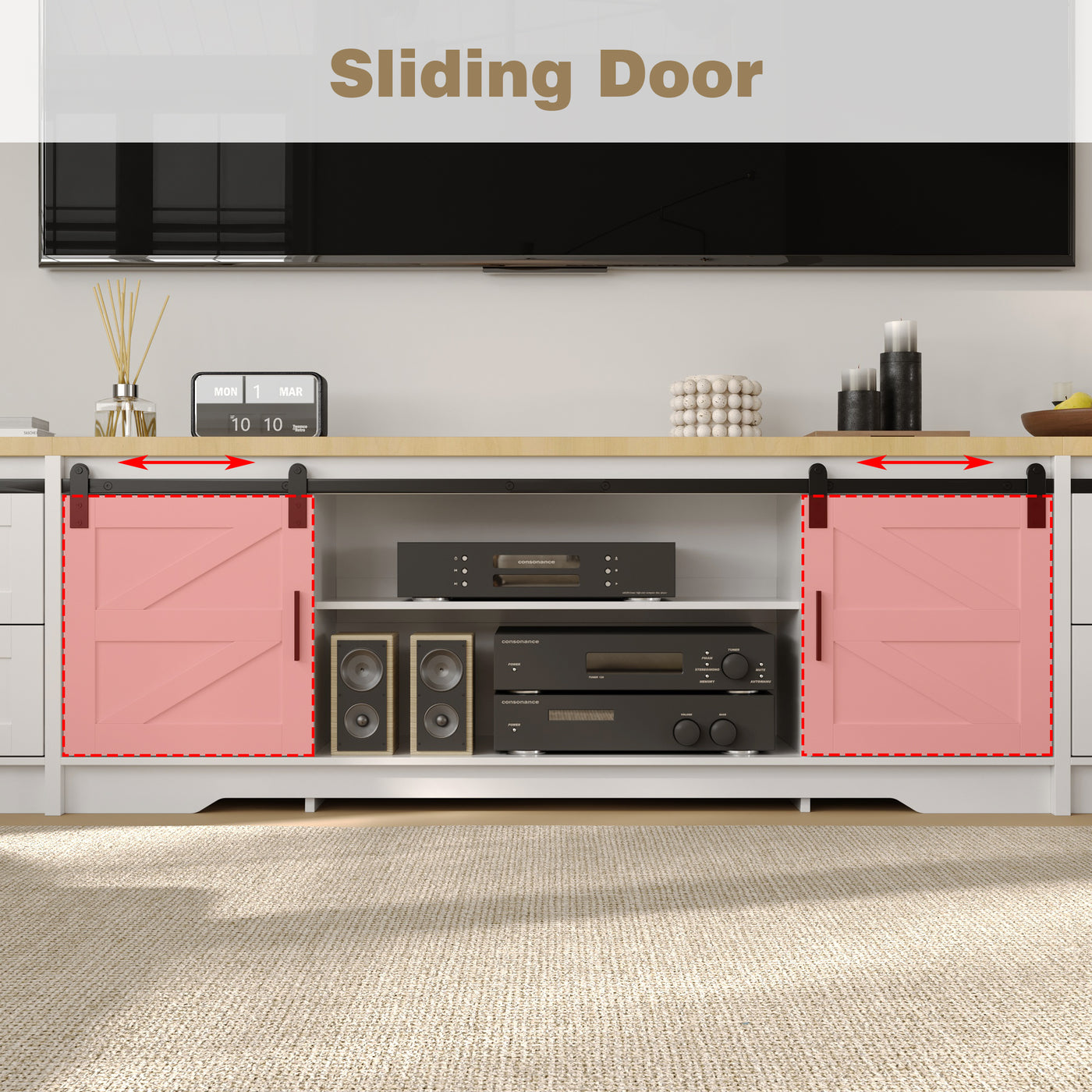94.5" Modern White Extra Long Barn Door TV Stand with 4 Drawers, Sliding Doors and Adjustable Shelves