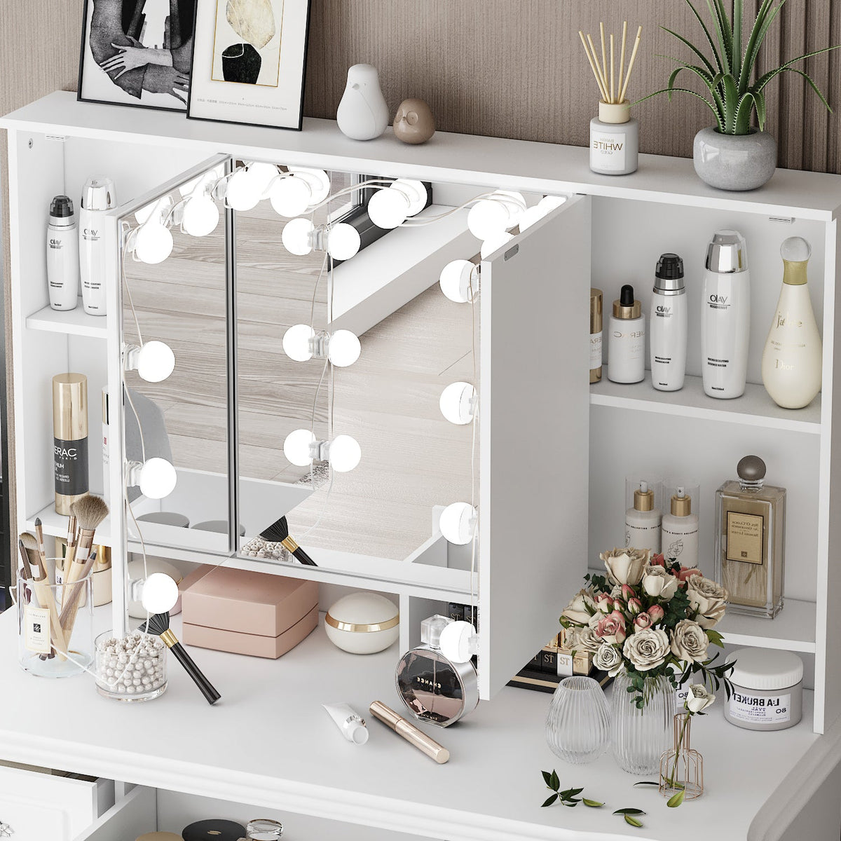 43.3" Modern Minimalist White Vanity Table with 7 Drawers Lights And Mirror