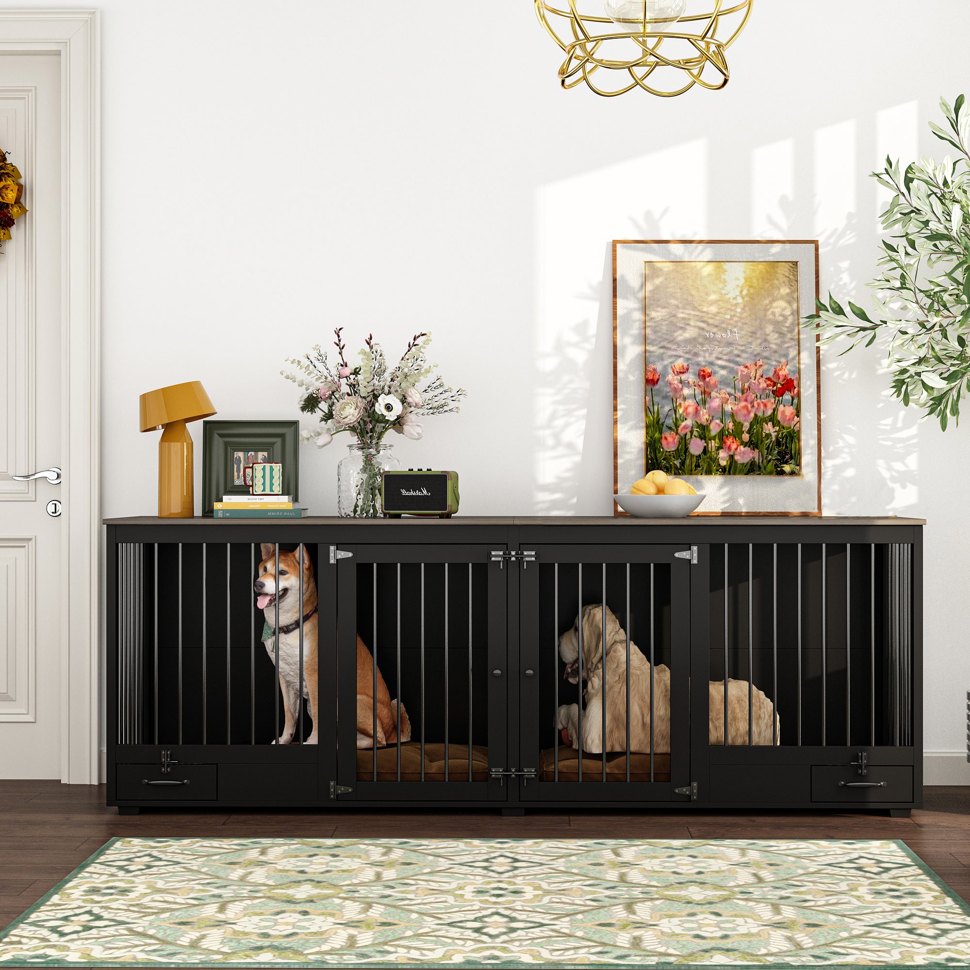 Large Dog Crate Furniture With Pull-Out Dog Bowls And Divider