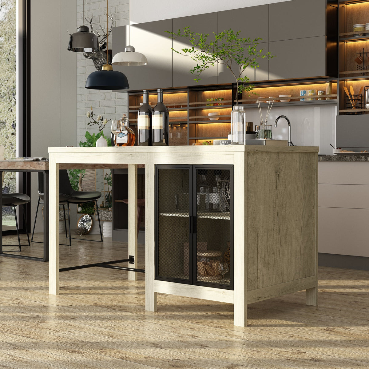 63" Industrial Natural Kitchen Island With Black Glass Door Storage Cabinets