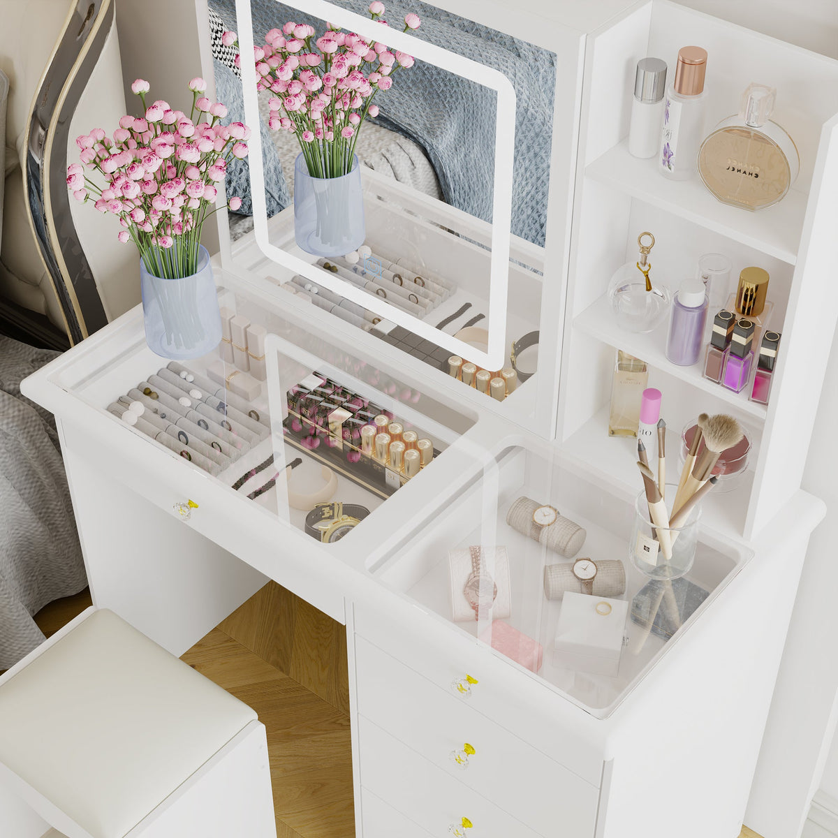 39.4" Modern White Vanity Desk Makeup Table Large Sliding Lighted Mirror Dressing Table With 5 Drawers Hidden Shelves