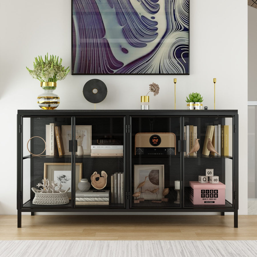 55" Modern Black Sideboard with 4 Glass Doors and Led Lights