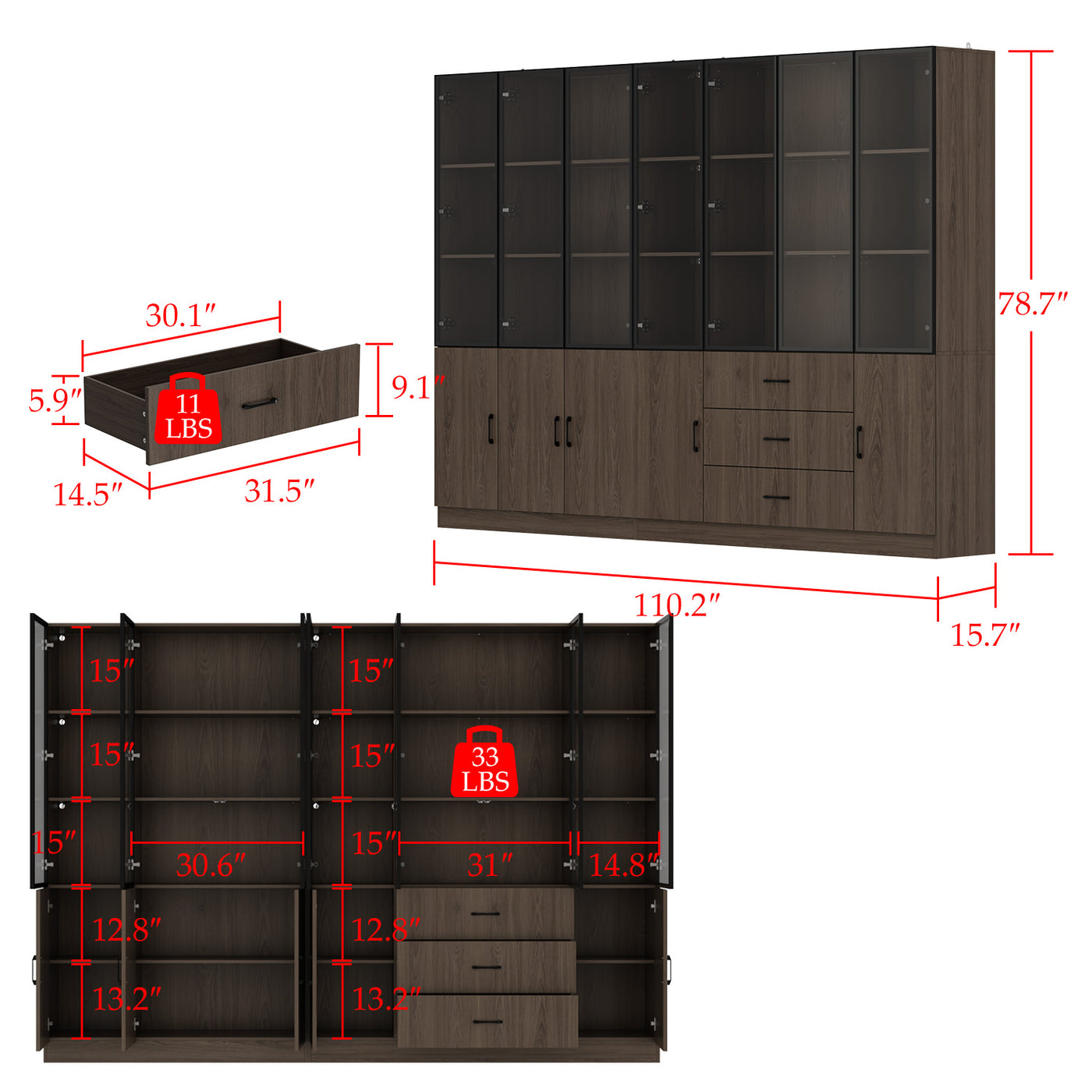 Geyma 110.2" Modern Glass Doors Display Case with LED Lights and Drawers
