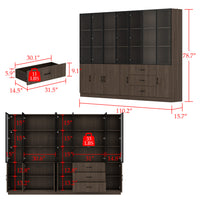 Geyma 110.2" Modern Glass Doors Display Case with LED Lights and Drawers