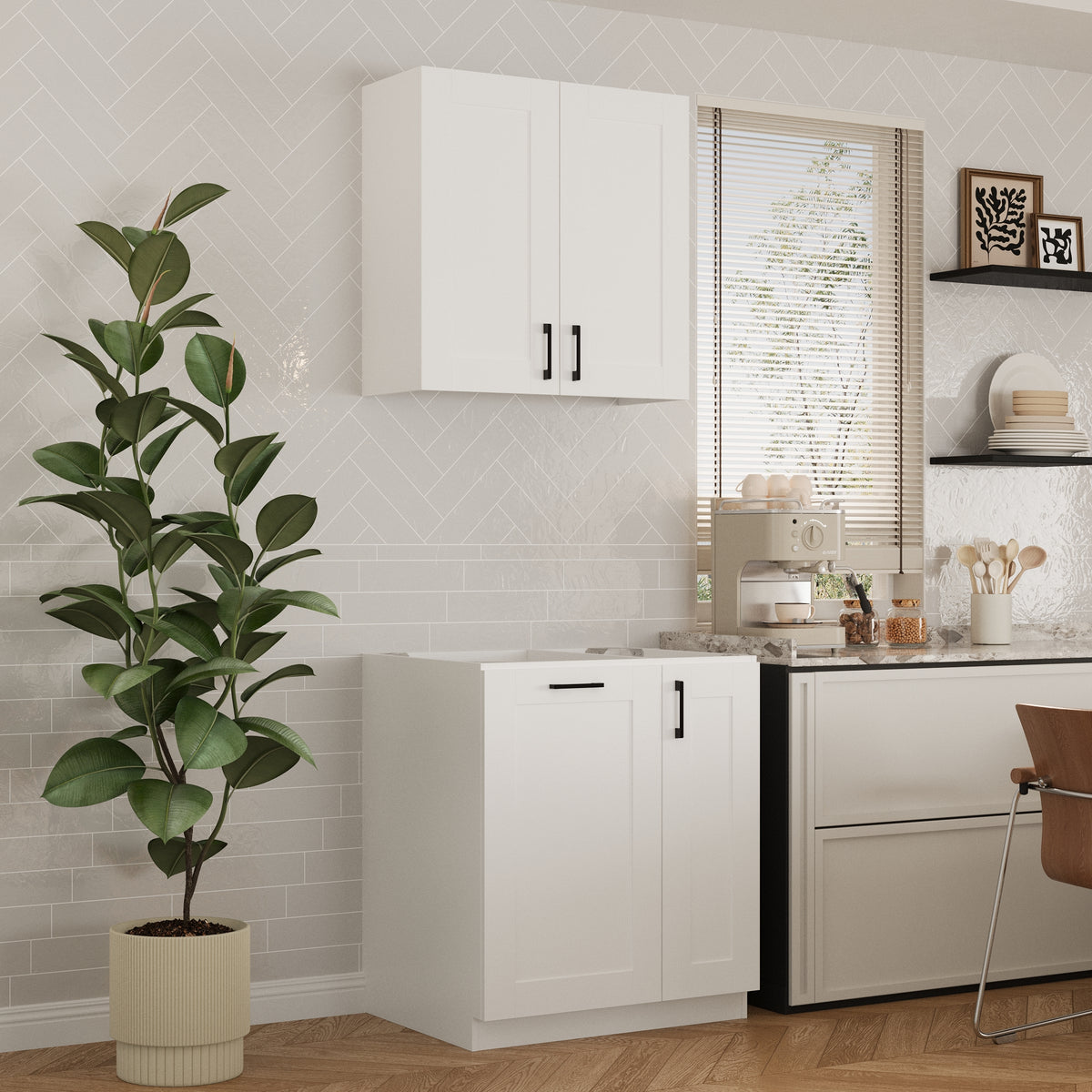 30" Modern White Food Pantry with Wall-Mounted Cabinet