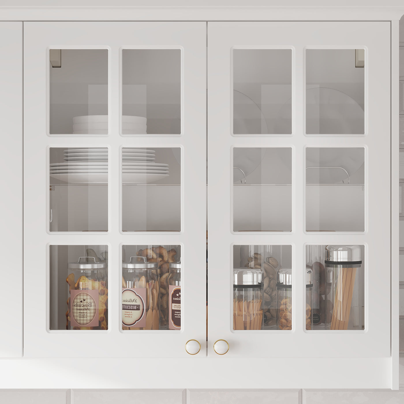 63.4" Modern White Wall Mounted Kitchen Cabinet with 4 Glass Doors