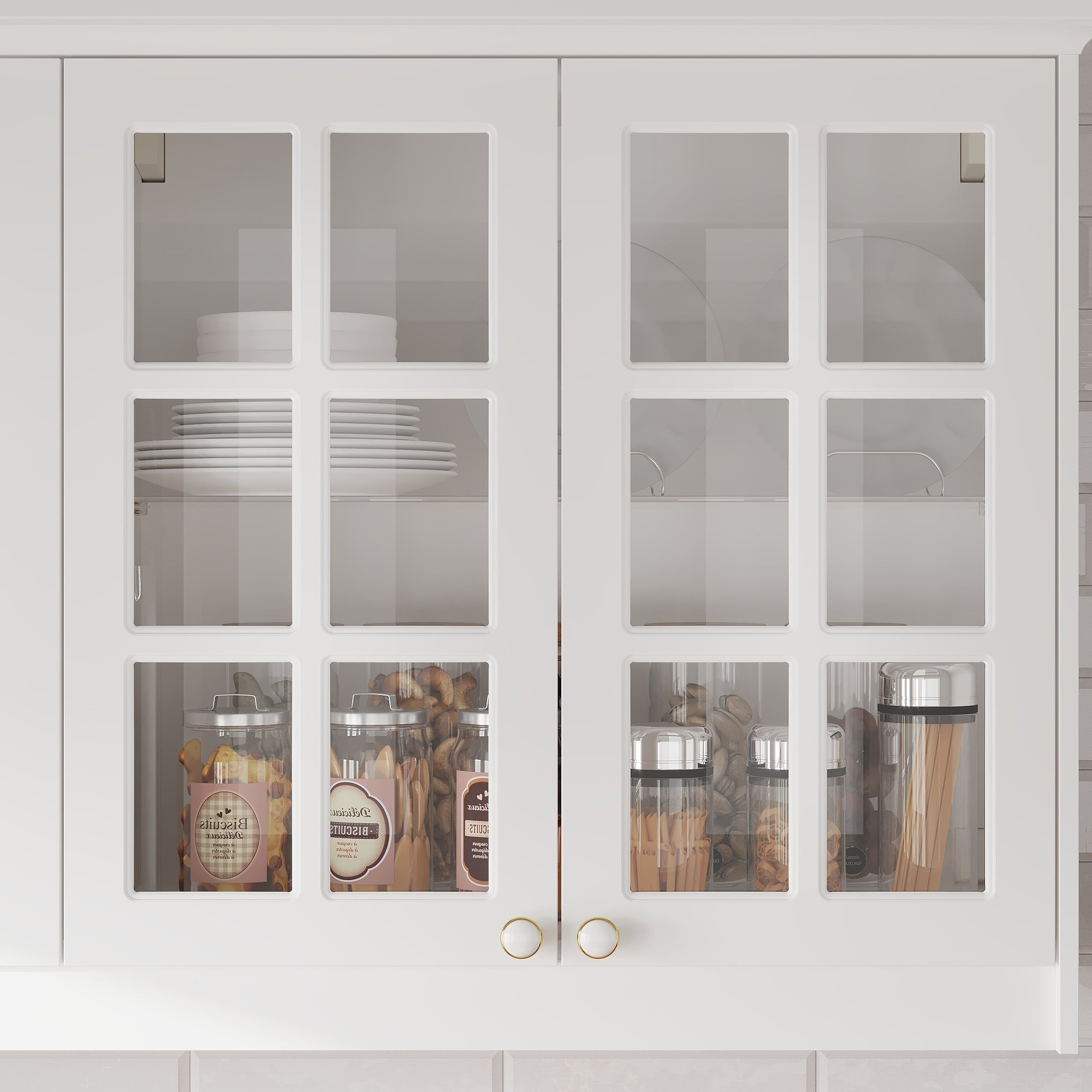 63.4 inch Modern White Wall Mounted Kitchen Cabinet with 4 Glass Doors