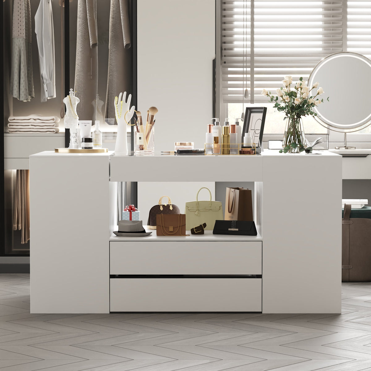 62" Modern White 14-Drawer Chest with Tempered Glass Top
