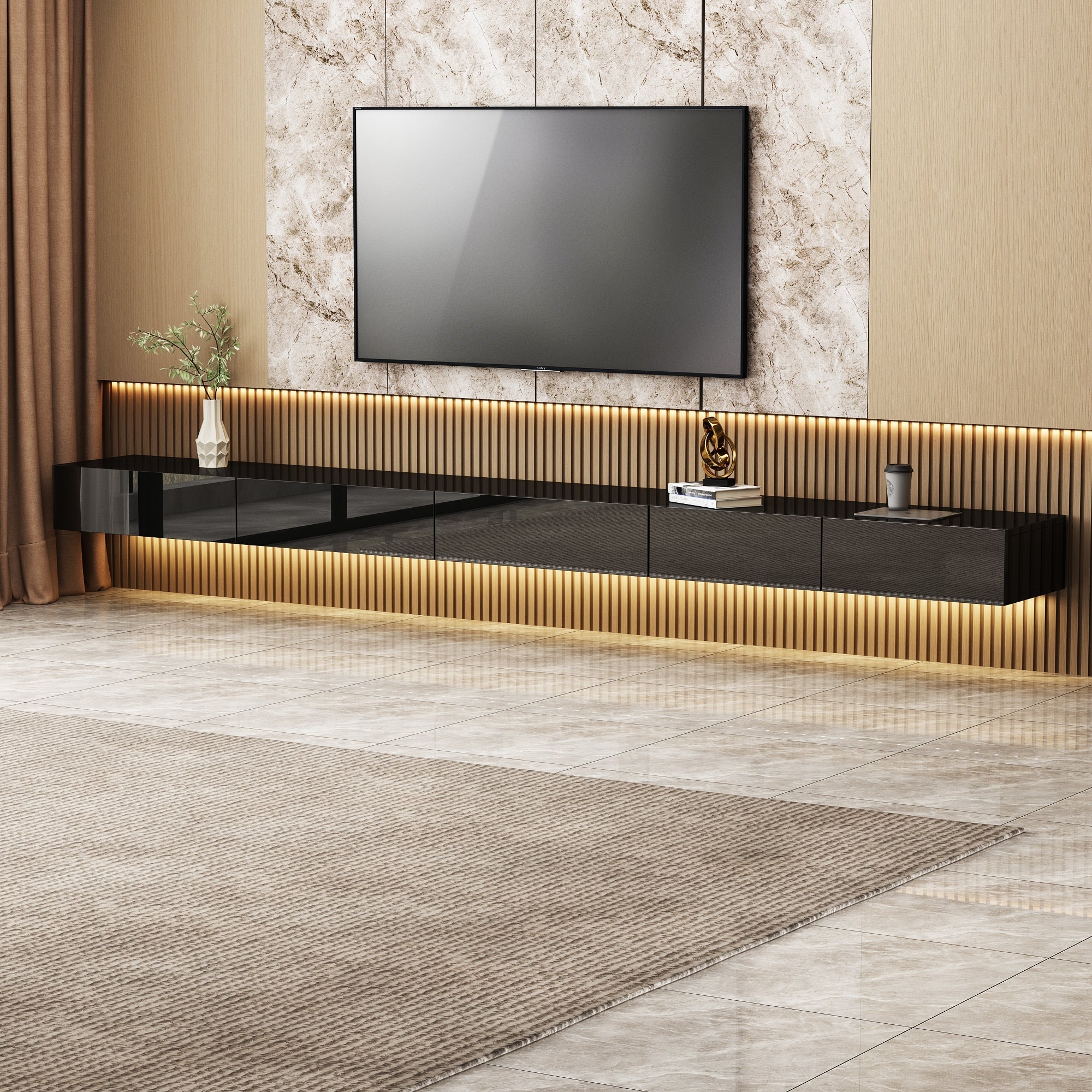 94.5 inches Modern Minimalist Black TV Stand Wall-Mounted And Freely Arranged TV Stand With LED