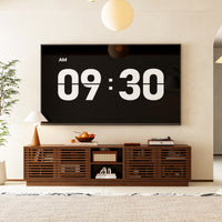 78.7" Mid-Century Walnut TV Stand With Slatted Doors, Open Shelves, And Cable Management
