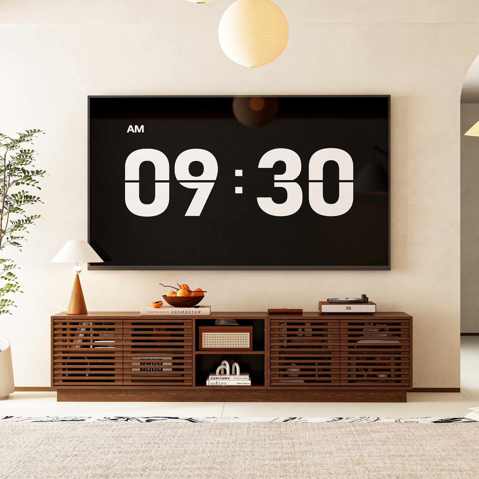 Mid-Century Modern TV Stand With Slatted Doors, Open Shelves, And Cable Management