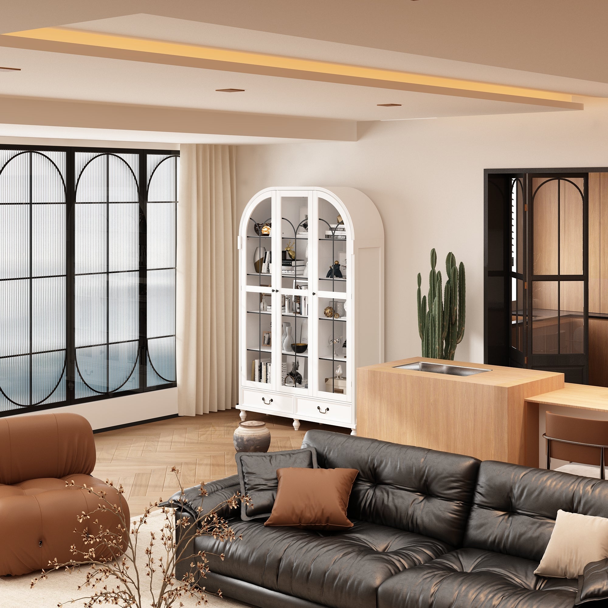 77'' H X 50'' W White Arched 5-Tier Bookcase With Glass Doors And Drawers