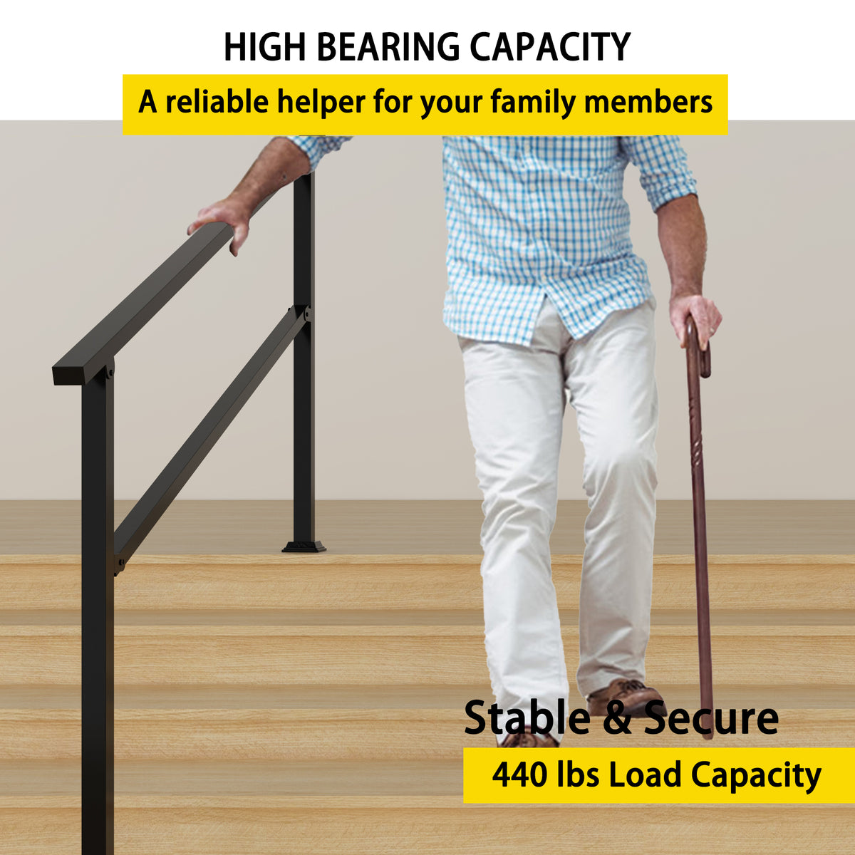 68.5" Minimalist Satin Black Stair Banister with Adjustable Angle