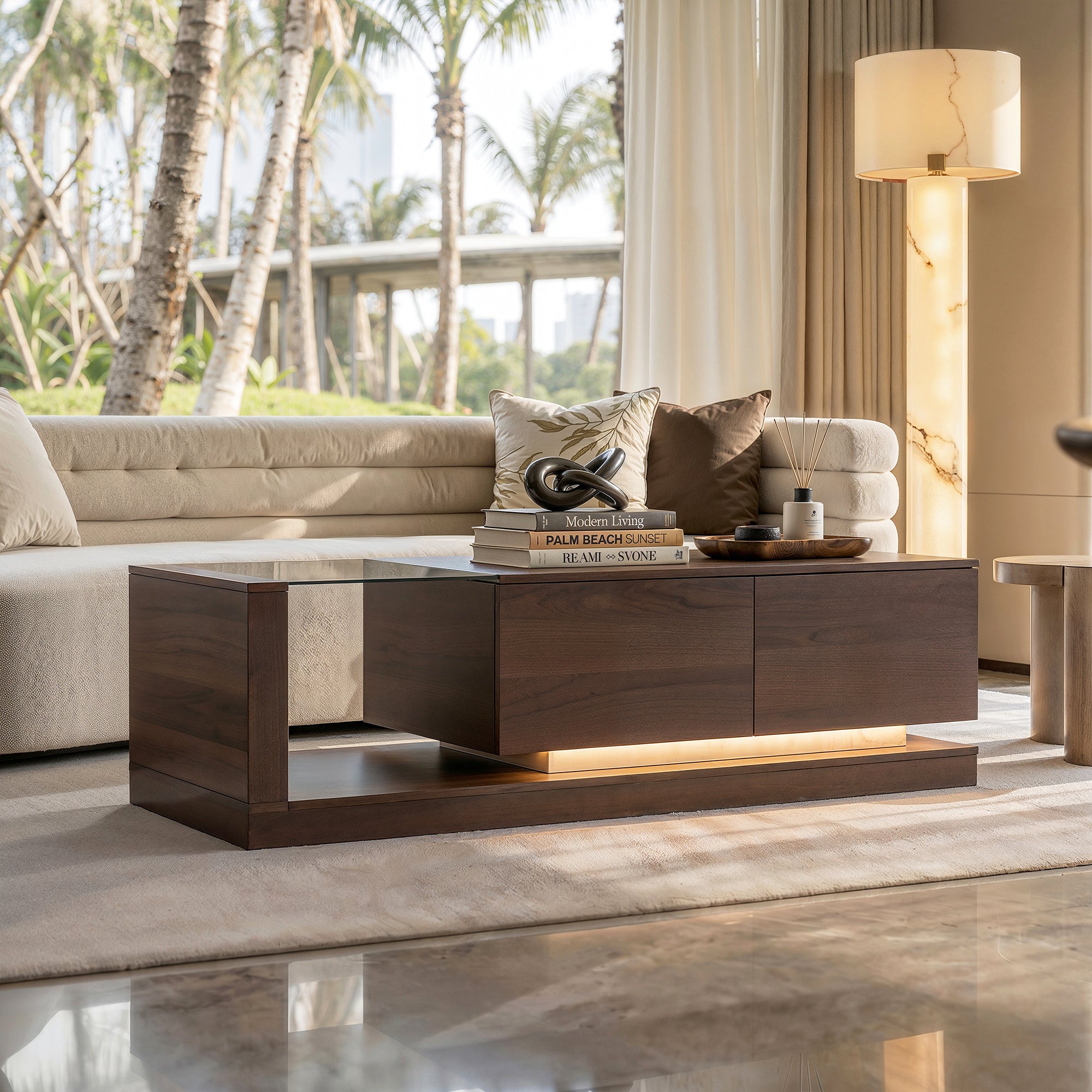 Modern Brown Coffee Table with Ambient Lighting