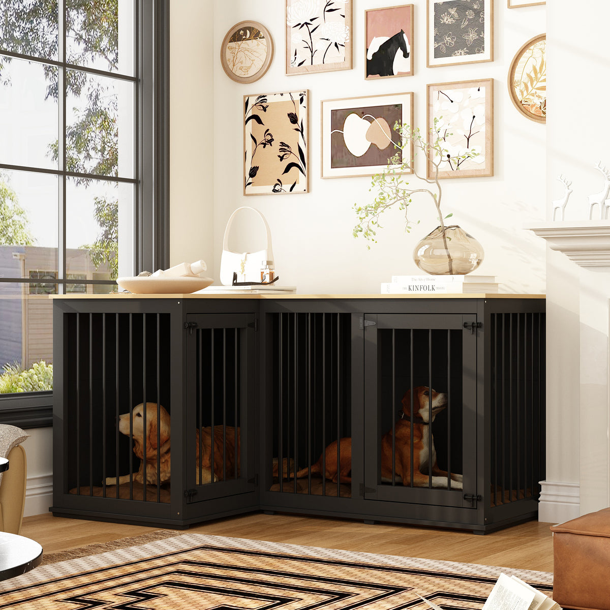 58.7 inch Rustic Black Corner Dog Crate with Steel Divider