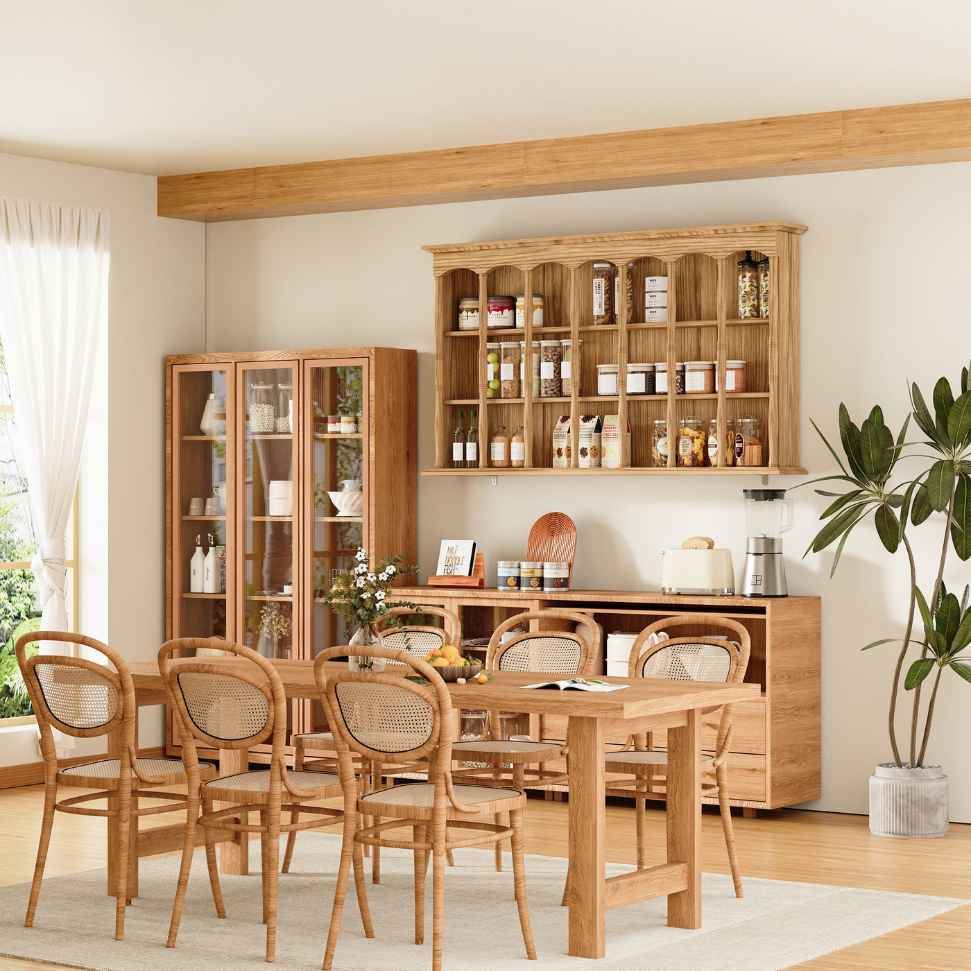 Wood wall cabinet with glass doors and open cubby shelves