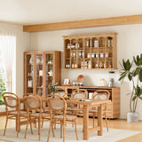 Wood wall cabinet with glass doors and open cubby shelves
