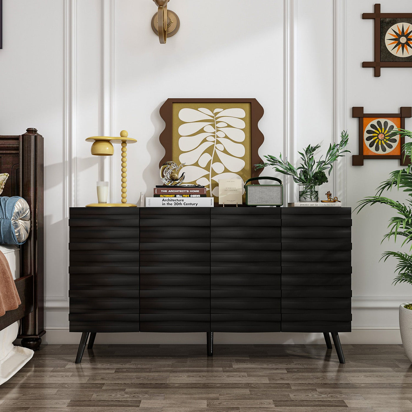 55.1" Modern Minimalist Black Buffet Cabinet with Storage