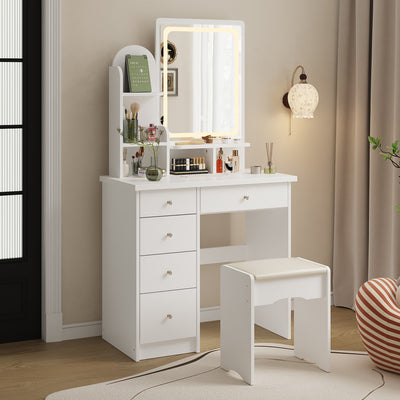 31.5" Modern White/Black Vanity Desk with LED Mirror, 5 Drawers, Shelves and Matching Stool, Makeup Dressing Table