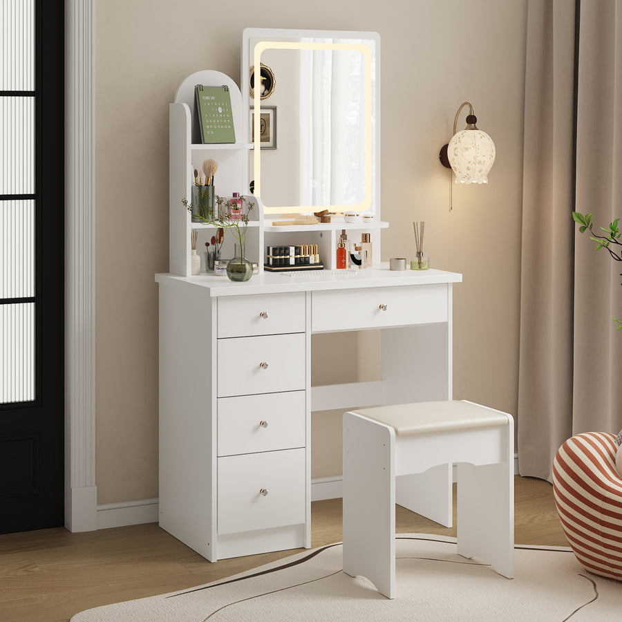 31.5" Modern White/Black Vanity Desk with LED Mirror, 5 Drawers, Shelves and Matching Stool, Makeup Dressing Table