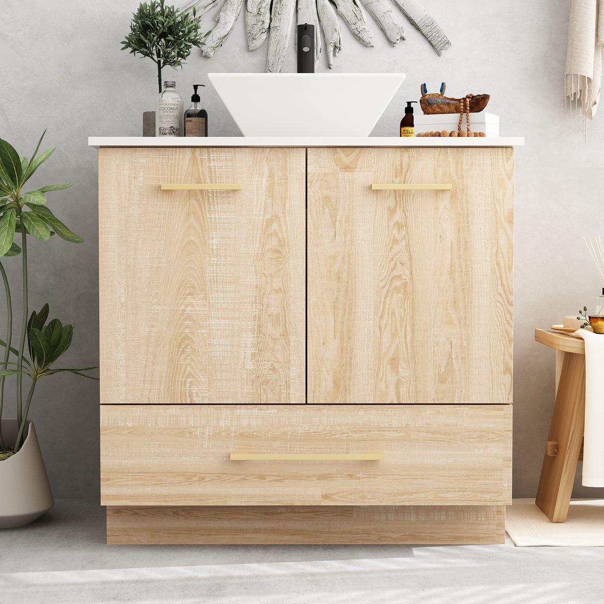 29.9" Modern Oak Bathroom Vanity Cabinet with White Stone Vessel Sink