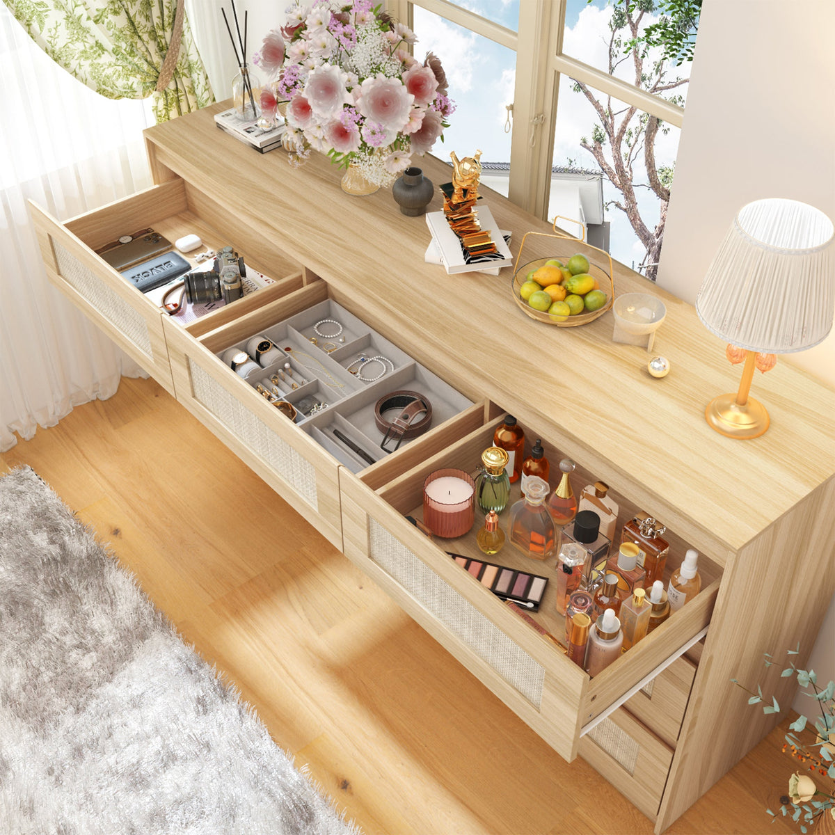 62.9" Modern Country Natural Medium Wood Dresser With 9 Pull-out Drawers