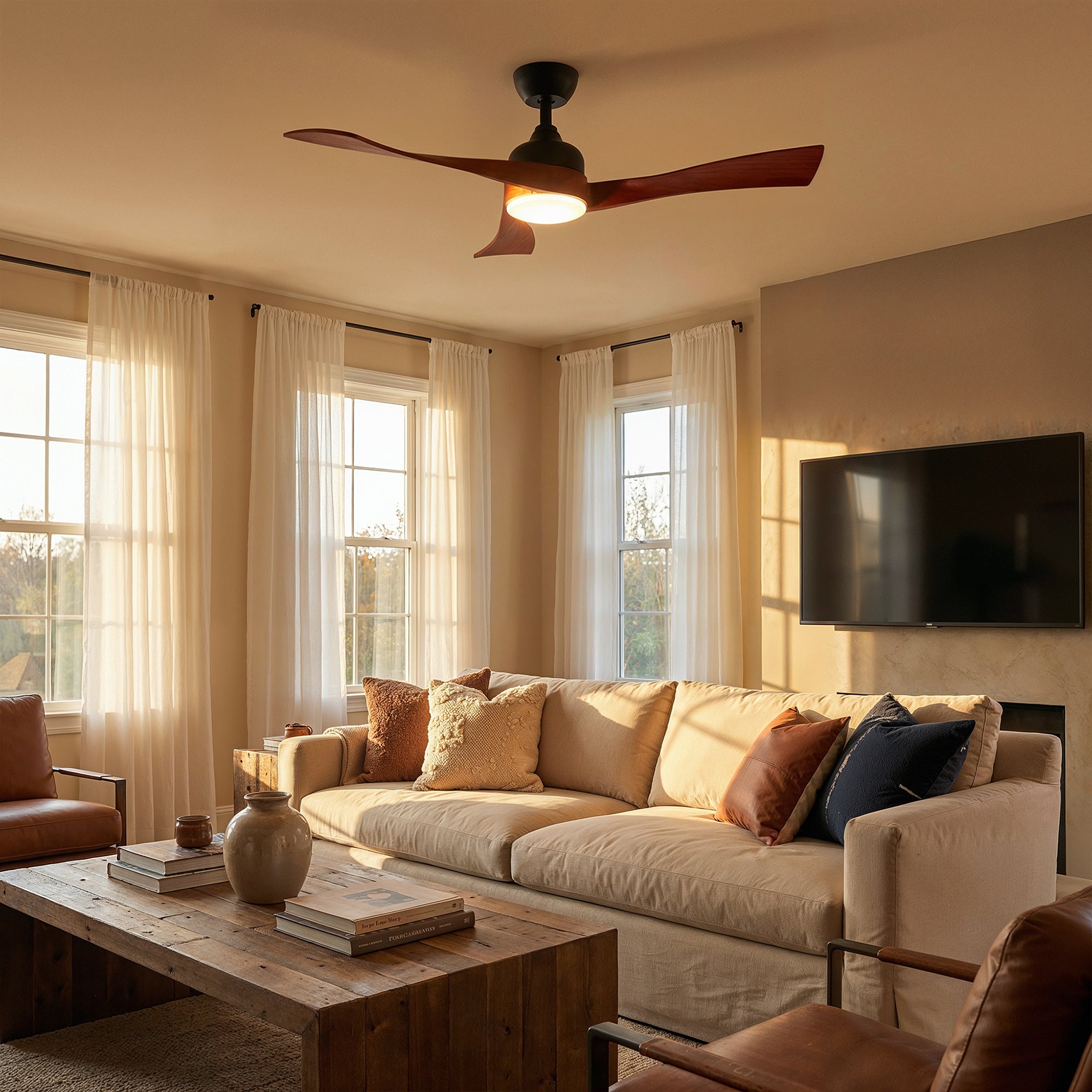 Living room with beige sofa, wooden coffee table, and television on a wall.