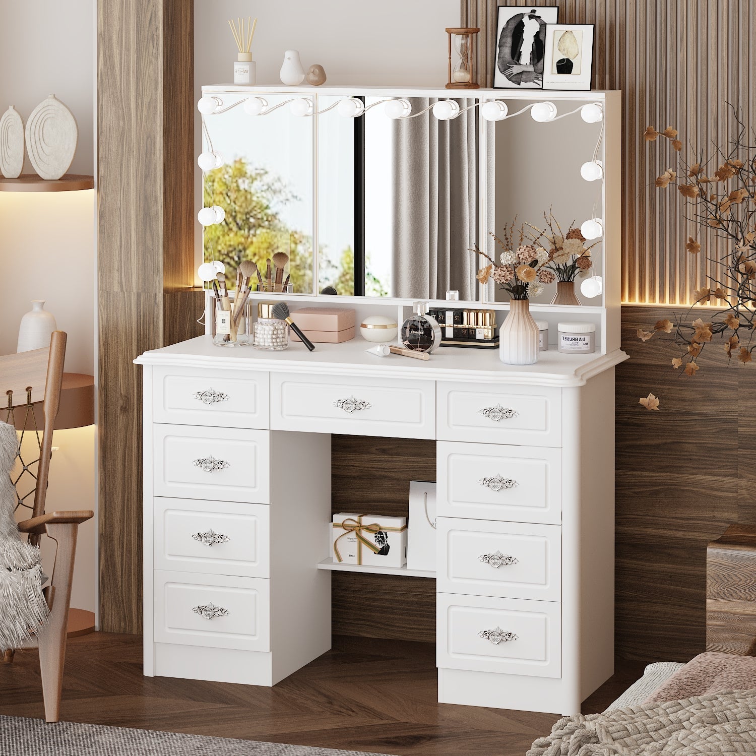 Modern 7 Drawers Vanity Table With Lights Mirror