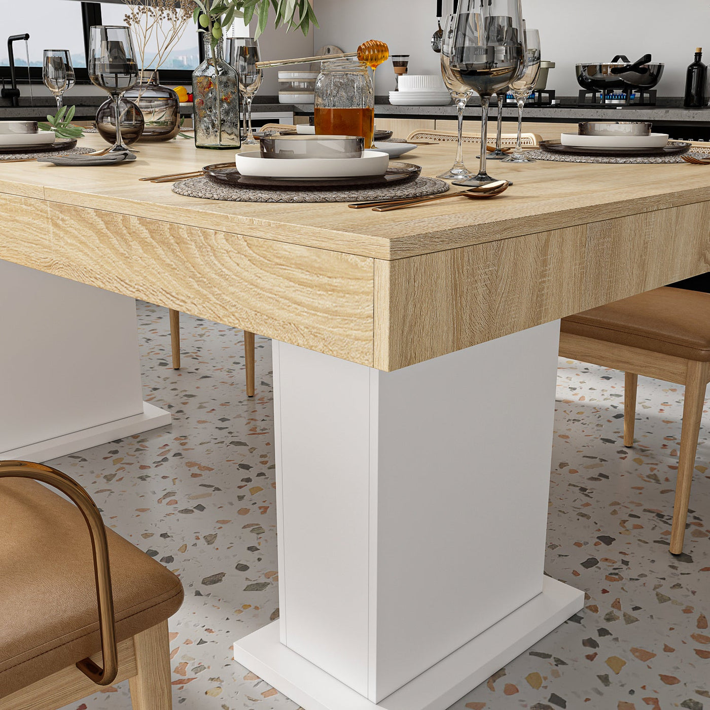 78.7" Modern Natural Rectangular Dinning Table With Two Marble Legs