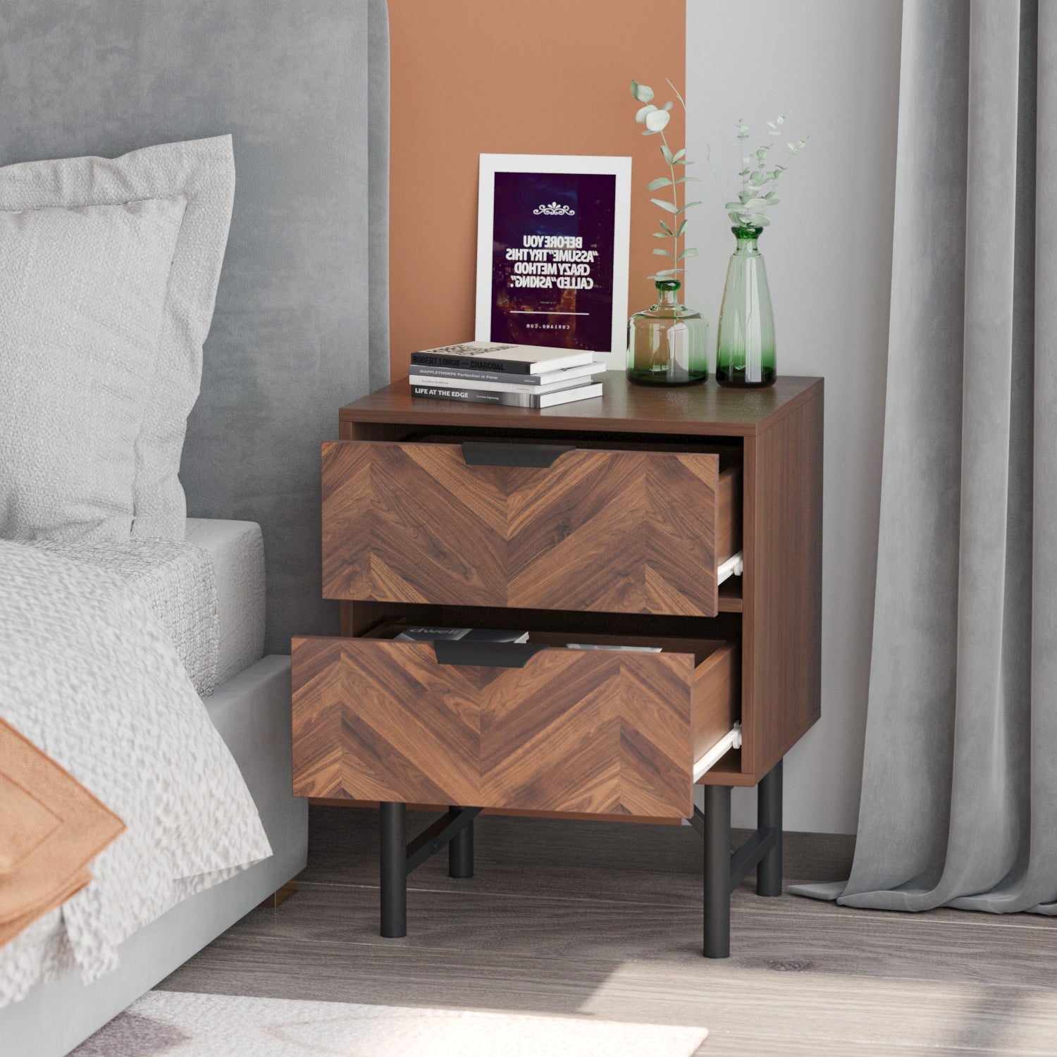Rustic Bedside Table Wood Grain 2-Drawer Nightstand