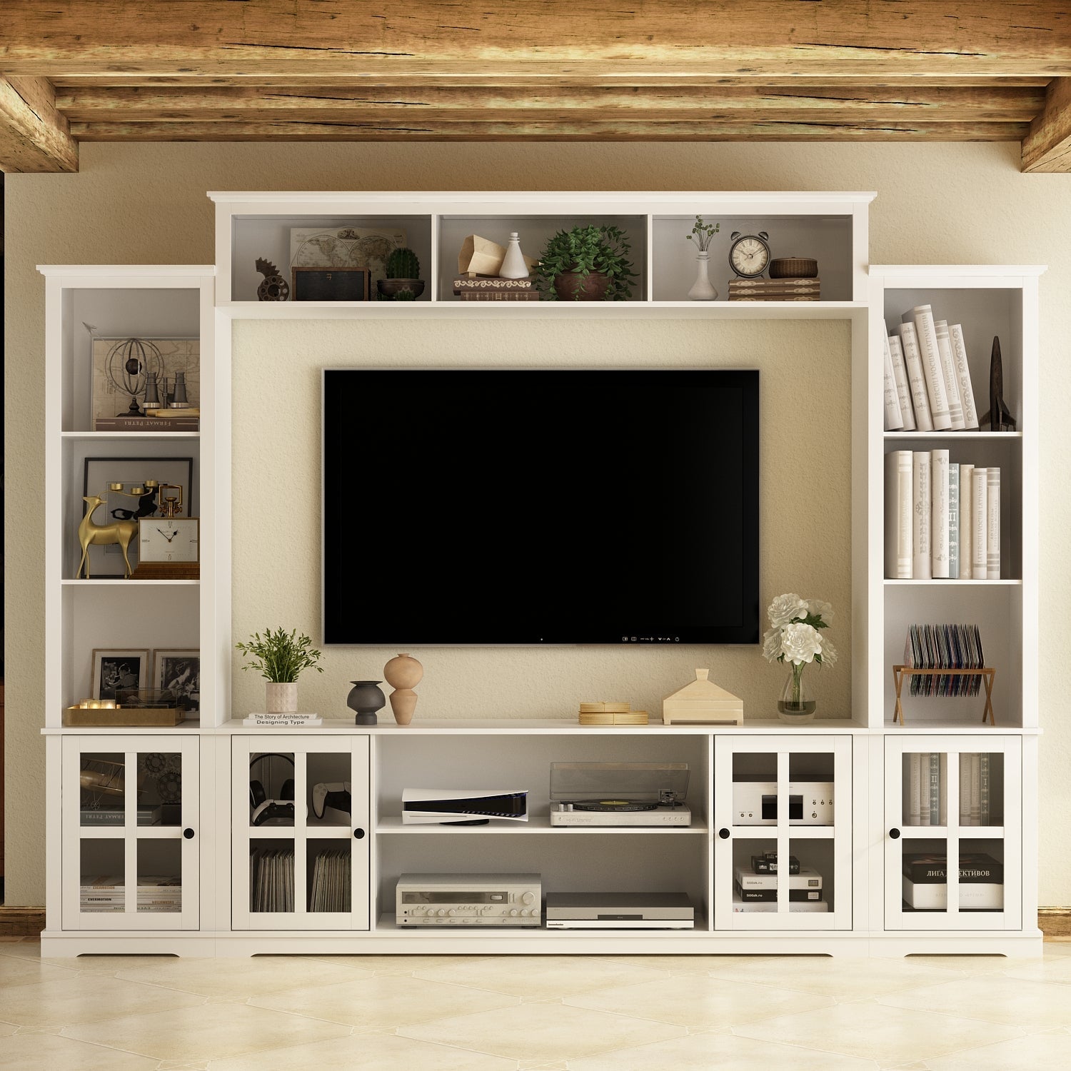 TV Stand Large Entertainment Wall Unit White Entertainment Center for Living Room